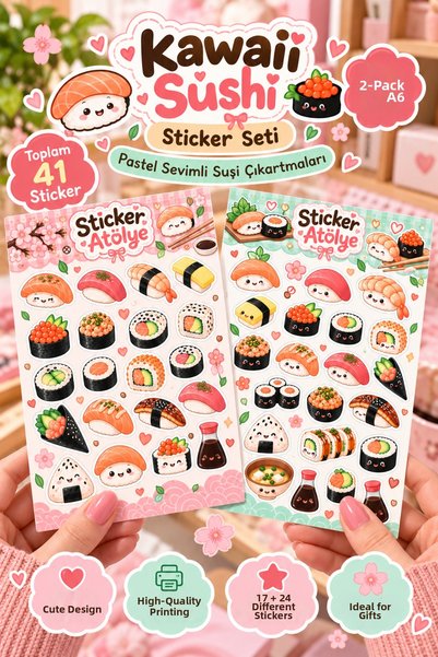 StickerAtölye مجموعة ملصقات كاواي سوشي مكونة من قطعتين مقاس A6 - ملصقات سوشي ...