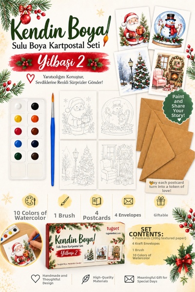 TUĞSET Kendin Boya Watercolor Postcard Set of 4 (Watercolor + Envelopes + Brush + Postcards)-T1587-