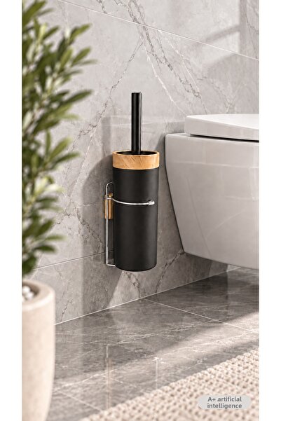 Hagen Wooden Detailed Wall-Mounted Toilet Brush and Metal Hanger Set