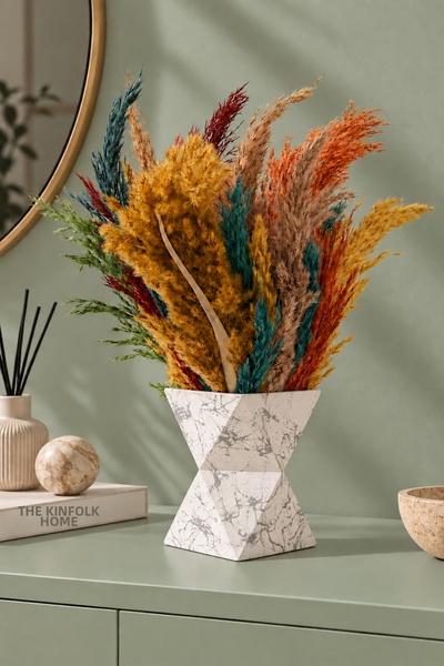 betonmall Pampas Dry Flower Arrangement in Concrete Pot Artificial Shocked Pa...