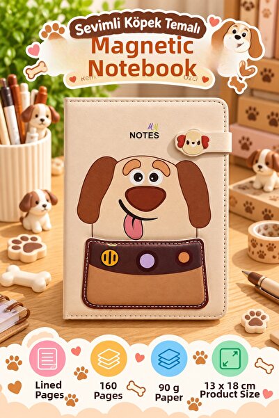 Daks Magnetic Notebook Cute Dog 2 – 160 Pages, 13X18 cm Lined Faux Leather No...