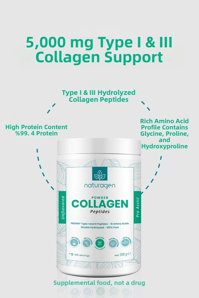 Naturagen 100% Pure Double Hydrolyzed Bovine Collagen 500 Gr |   Tip 1-3 |   16 Amino Acids |   Tasteless & Odorless