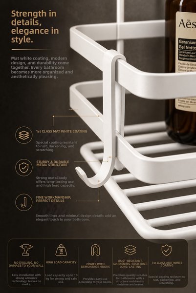 Magic Objects Stainless Steel Double Adhesive Bathroom Organizer Shower Shelf, Premium White Shampoo Holder Organizer