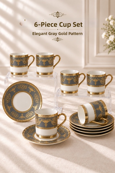 Queen’s Kitchen Shawl Patterned Coffee Cup Set with Gold Detail for 6 People