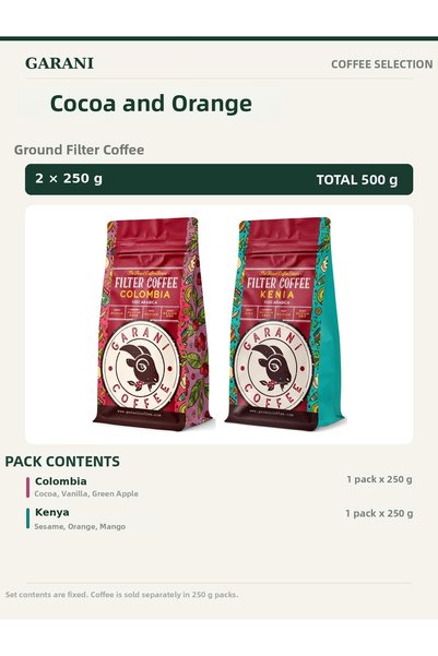 Garani Colombia and Kenya Filter Coffee Set 2X250 g Total 500 g Ground Coffee Medium Roast 100% Arabica