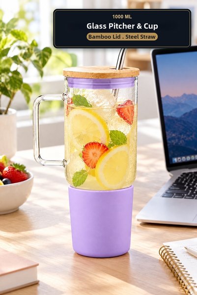 viracasa Glass Water Bottle 1000 ml with Bamboo Lid, Steel Straw, Silicone Ca...