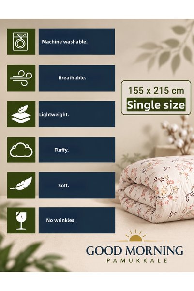GOOD MORNİNG PAMUKKALE طقم لحاف مفرد مقاس 155×215 سم بنمط زهور عرقي، لحاف ناعم ورقيق (2 قطعة مع أغطية وسائد)