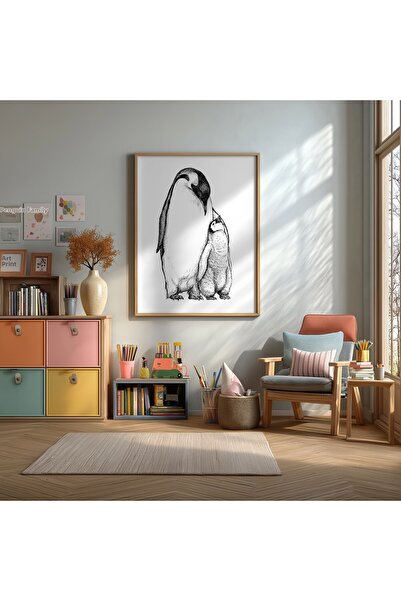 KEYFHOME Poster de pictură MDF cu cadru minim, cu pinguină mamă și pui, cadou...