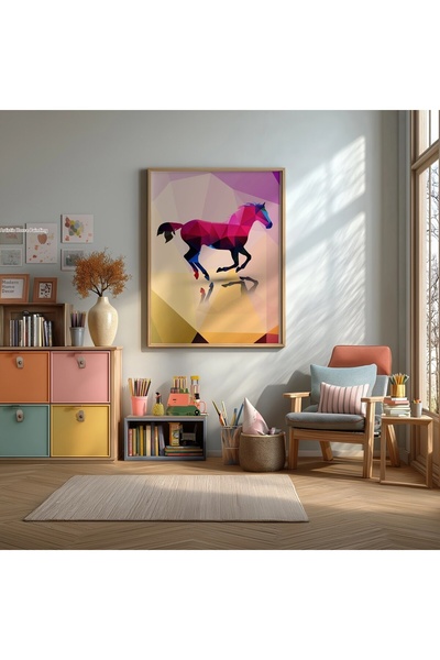 KEYFHOME Poster cu tablou MDF cu cadru Polygon Horse, decor de perete pentru ...