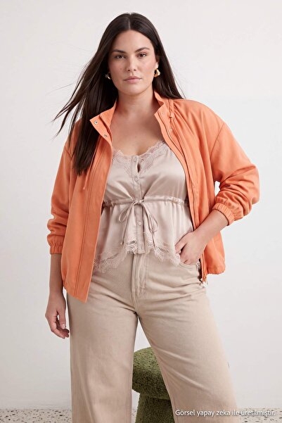 Trendyol Collection Orange Oversize High Collar Linen Look Bomber Plus Size C...