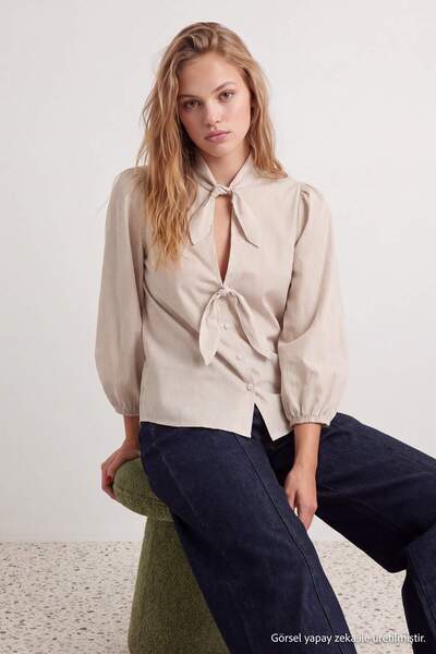 Trendyol Collection Beige Striped Tie-Front Blouse Twoaw27Bz00341
