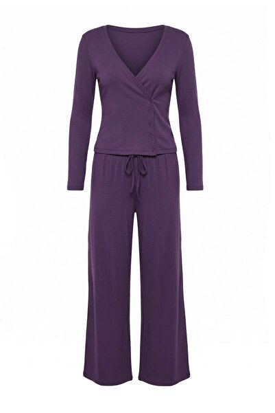 Trendyol Collection Purple Viscose Blended Plain Buttoned Viscose Ribbed Knit...
