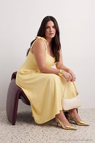 Trendyol Curve فستان أصفر منسوج مقاس كبير TBBSS25AH00225