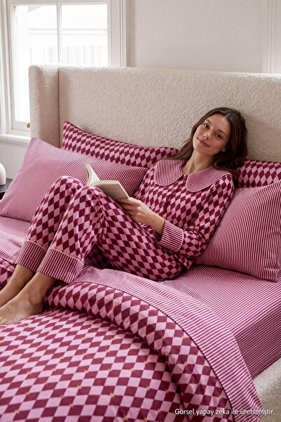 Trendyol Collection Plum Baklava and Line Patterned Viscose Woven Pajama Set ...