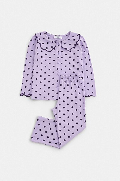 TRENDYOLKIDS Lila Mädchen-Pyjama-Set aus 100 % Baumwolle mit gepunktetem Krag...