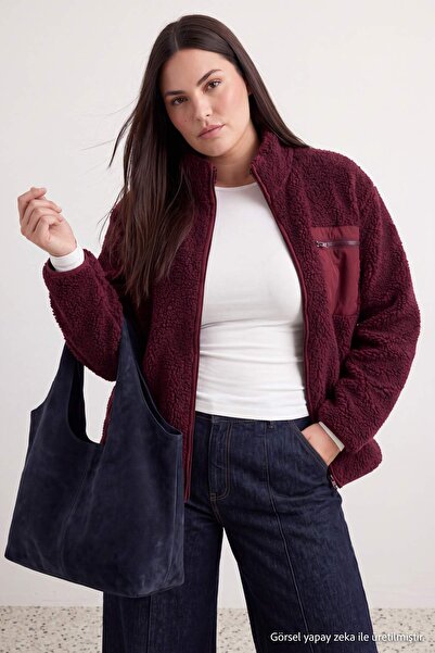 Trendyol Curve Winter Essentials Plum Thick Fleece Zippered High Collar Pocke...