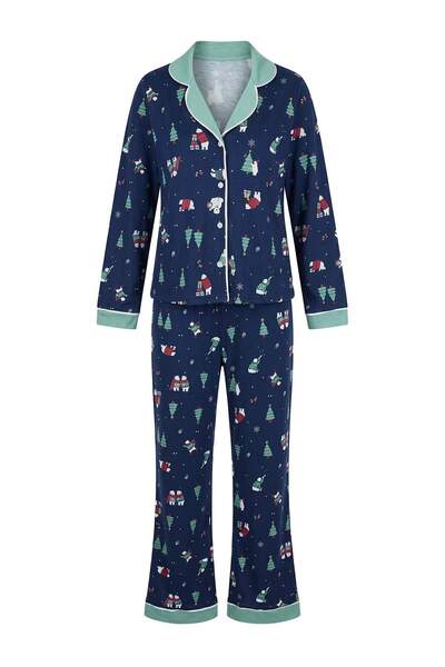 Trendyol Collection Navy Blue 100% Cotton Christmas Patterned Knitted Pajama ...