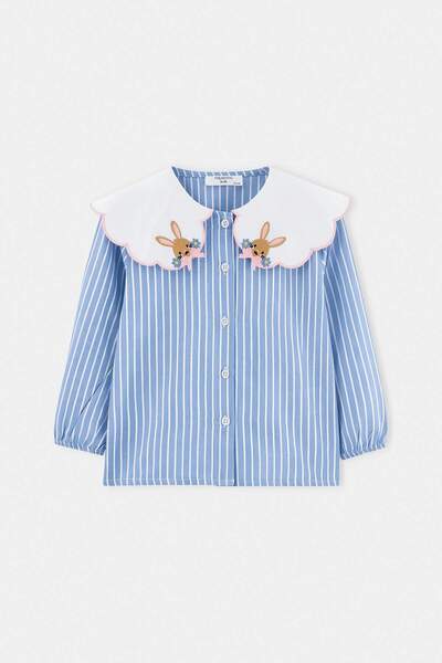 TRENDYOLKIDS Blaues Mädchen-Langarmshirt mit Babykragen und Stickerei TKDAW27...