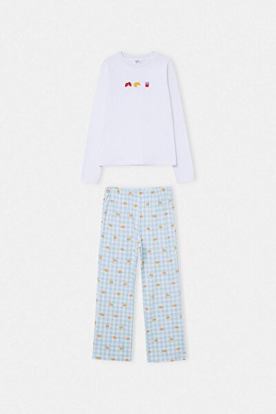 TRENDYOLKIDS White Girl's 100% Cotton Croissant Patterned Printed Mother-Daug...