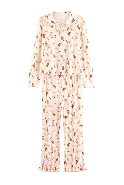 Trendyol Collection Set de pijamale tricotate cu volane și guler ecru, cu det...