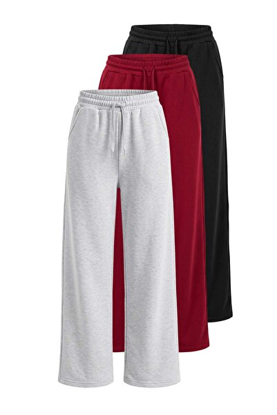 Trendyol Collection Negru-gri Melange-rosu claret Set de 3 piese Pantaloni de...