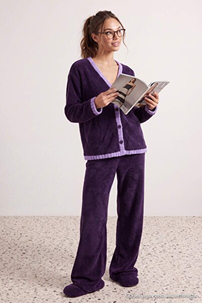 Trendyol Collection Purple Color Block Wellsoft Knitted Pajama Set Thmaw27Pt0...