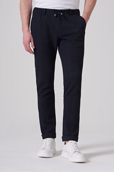 Morven Erkek Lacivert Trend Ekose Lastikli İpli Slim Fit Pantolon