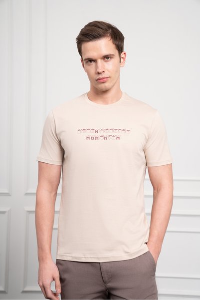 Morven Erkek Bej Trend Bisiklet Yaka Dinamik Fit Pamuk T-Shirt