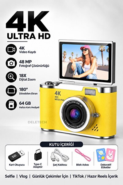 4K Dijital Fotoğraf Makinesi 48MP | 180° Flip Ekran | 18X Dijital Zoom | Dahili Flaş | 64GB Hafıza Kartı Hediyeli | Türkçe Menü - SARI