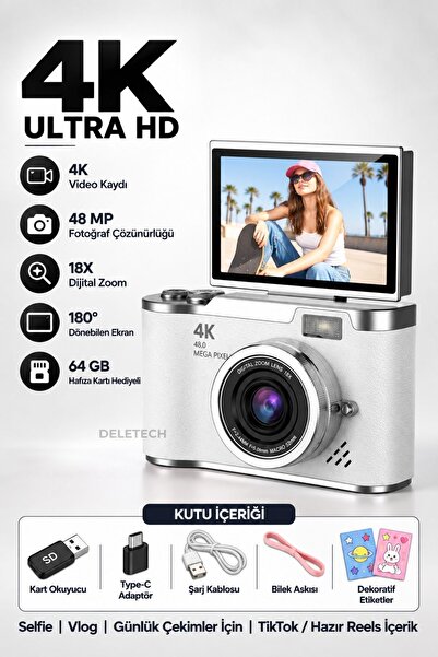 4K Dijital Fotoğraf Makinesi 48MP | 180° Flip Ekran | 18X Dijital Zoom | Dahili Flaş | 64GB Hafıza Kartı Hediyeli | Türkçe Menü - BEYAZ
