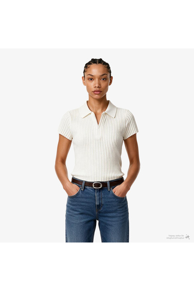 Calvin Klein Zıgzag Rib Zip Up Kadın Beyaz Triko