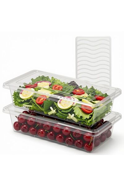 Home Zone Set of 2 Fridge Storage Boxes With Removable Drain Plate And Lid St...