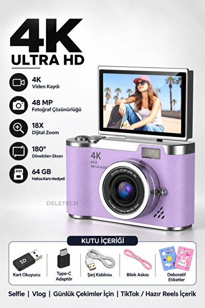 4K Dijital Fotoğraf Makinesi 48MP | 180° Flip Ekran | 18X Dijital Zoom | Dahili Flaş | 64GB Hafıza Kartı Hediyeli | Türkçe Menü - MOR