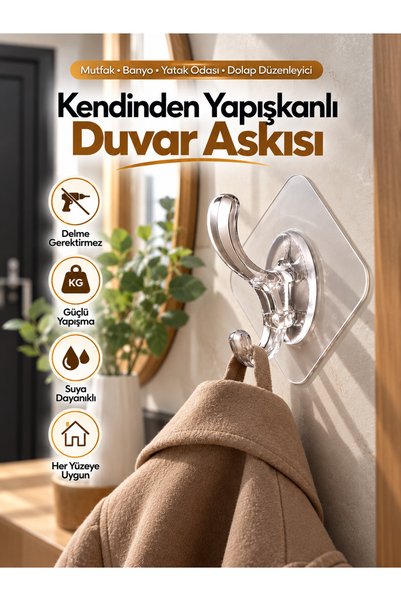 Mode Cool 1'li Yapışkanlı Şeffaf Duvar Askısı Banyo Mutfak Kapı Arkası Askılı...