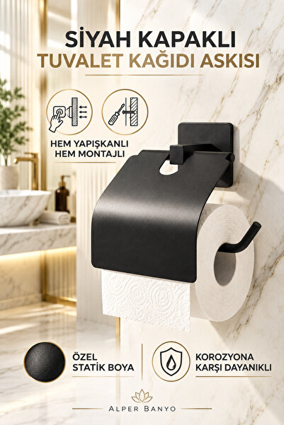 Alper Banyo Suport de hârtie igienică pătrat, adeziv, negru, cu capac, suport...