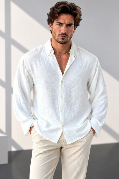 beuivo Men's White Oversize Textured Aerobin Linen Look Shirt
