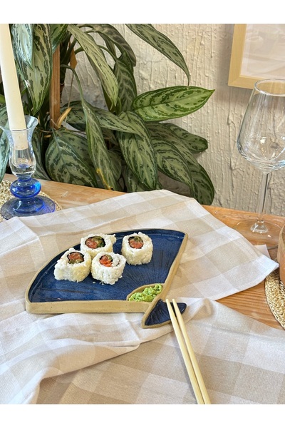 Leonart Atölye El Yapımı Seramik Yelpaze Sushi Tabağı - Lacivert Japon Konsep...