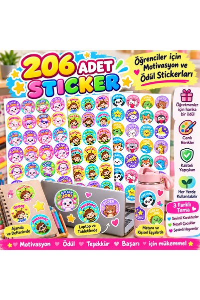 3'lü mega set öğretmen motivasyon stickeri 206 adet etiket
