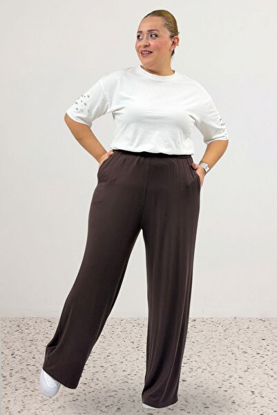 Eslina 39000 Plus Size High Waist Elastic Combed Cotton Trousers - Brown