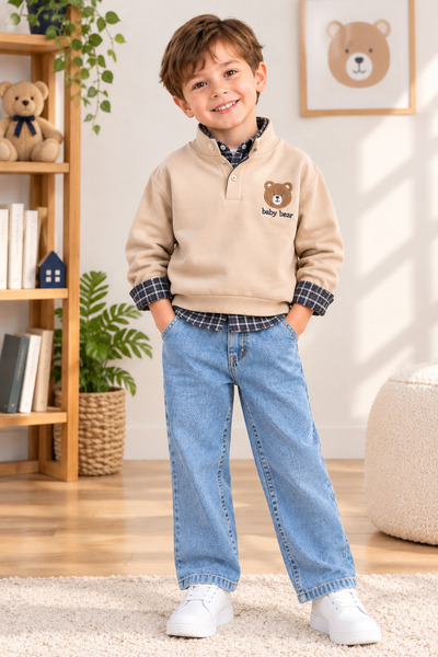 baby kids colors Set 3 piese pentru bebeluși: cămașă, hanorac și pantaloni din denim