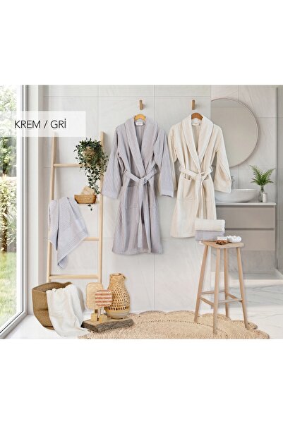 İyi Geceler İstanbul Soft Linen Family Bathrobe Set - Cream Gray
