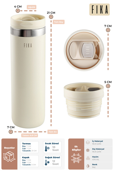 NEOFLAM Fika Tauko Leak-Proof, Easy to Disassemble, Deep Cleanable, Patented Lid, Steel Cup Thermos 470 ml - Beige