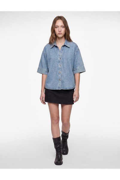 Koton Oversize V Yaka Pamuklu Yarım Kollu Jean Gömlek