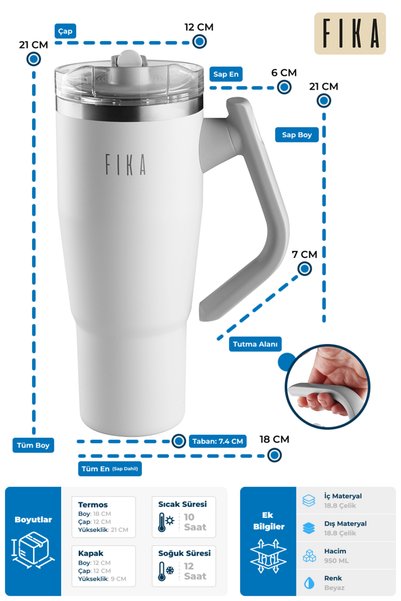 NEOFLAM Fika Lumi Patented Leak-Proof Double Spout Steel Thermos with Rotating Handle 950 ml - White