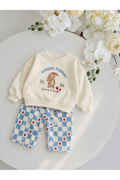 Valia Baby Rabbit Printed Strawberry Detailed Cotton Baby Girl 2-Piece Set