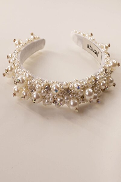 Bijusel Pearl Embroidered Bridal Crown Velvet White Thin Crown