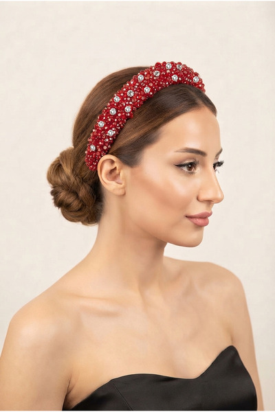 Bijusel Hand Embroidered Mixed Crystal Beaded Thick Crown Red
