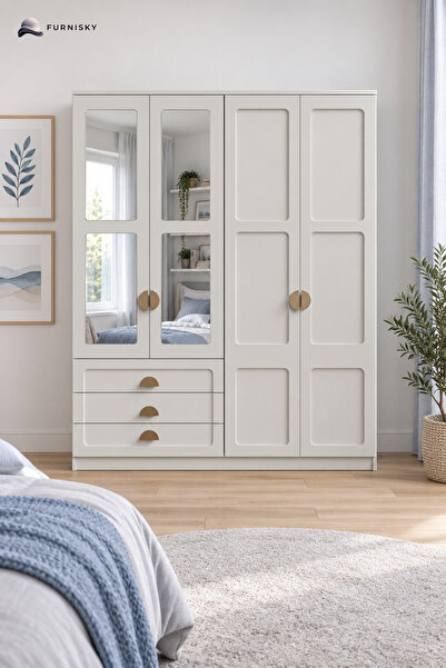 FURNISKY Atlantik Aynalı Gardırop 4 Kapılı Elbise Dolabı Raflı Askılıklı - %1...