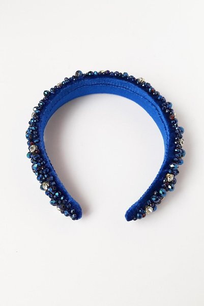 Bijusel Women's Hand Embroidered Mixed Crystal Beaded Velvet Crown Thin Blue