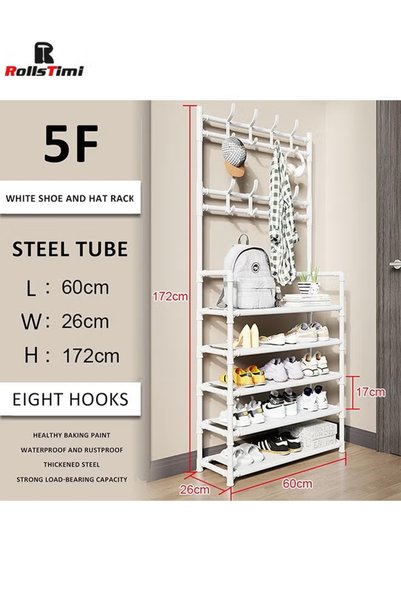 Generic 5-Tier Metal Coat and Shoes Rack, Entryway Shoes Organizer with Hangi...